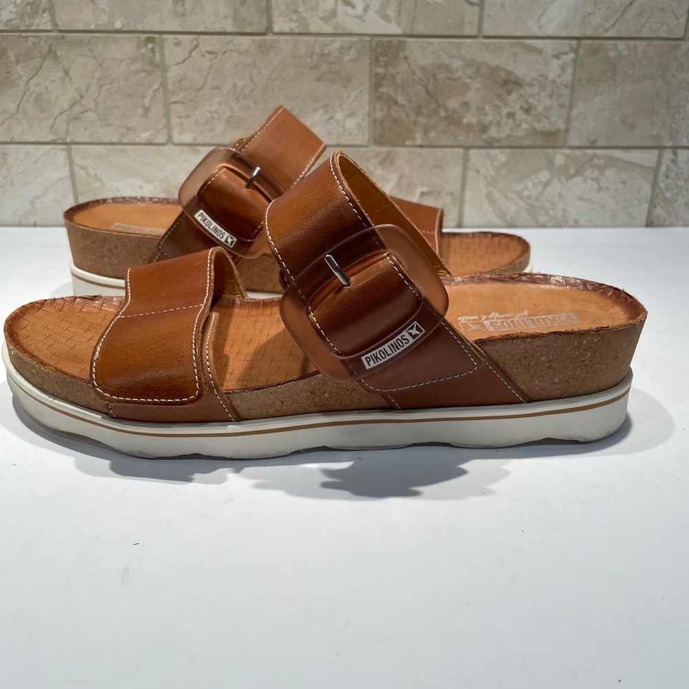 PIKOLINOS Brown Leather Platform Slide Sandals
